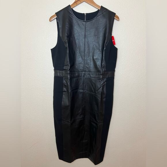 SPANX Faux Leather Combo Panel Knit Midi Sheath Dress Luxe Black NEW Womens XL - Picture 2 of 12